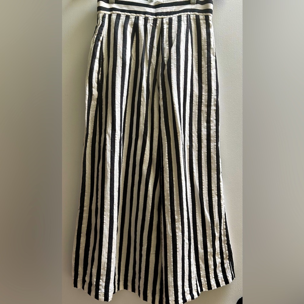 Cotton Linen Striped Black White Wide Leg Capri Pant
